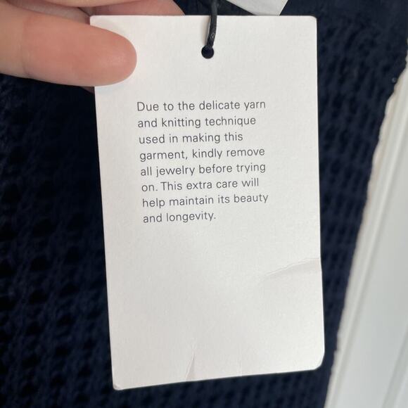 NWT Theory Women's Navy Blue Crochet Cotton Textured Knit Midi Pencil Skirt Sz L - Picture 10 of 16